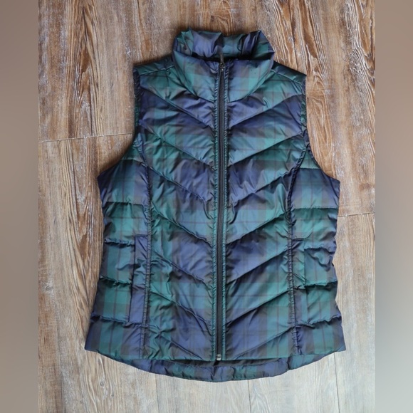 Lands' End Jackets & Blazers - Lands’ End Puffer Vest Cozy Full Zip Snap Pockets Blue Green Plaid Check Size XS